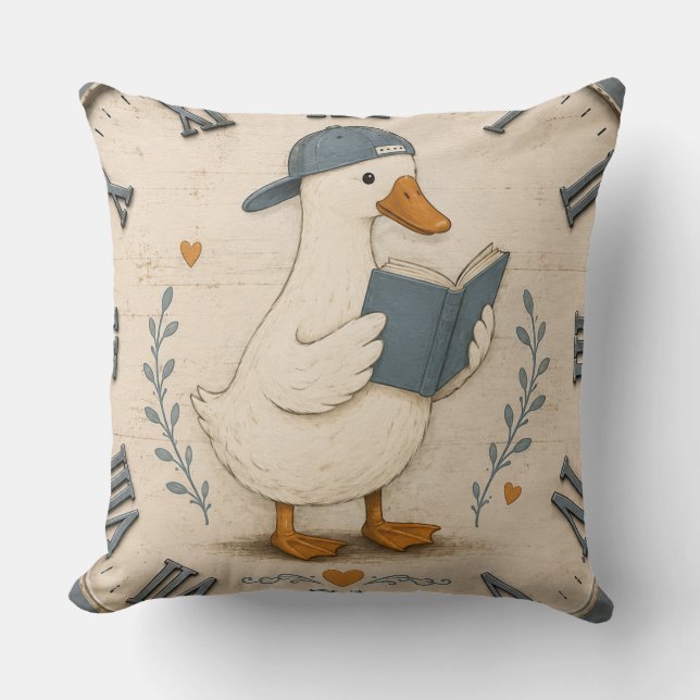 Cute Reading Duck Book Lover Whimsical Nursery  Throw Pillow (Front)
