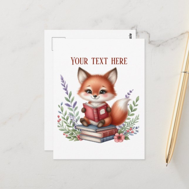 Cute reading fox customizable  postcard (Front/Back In Situ)