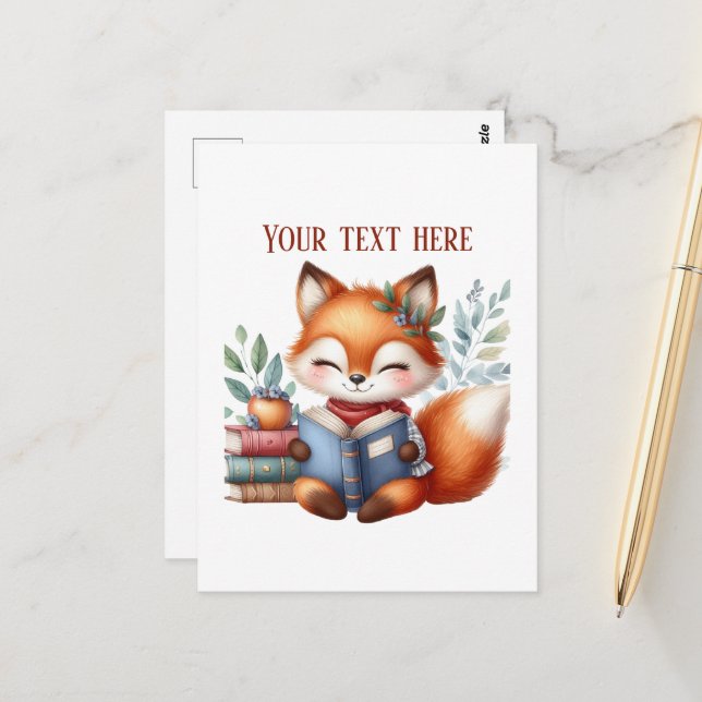 Cute reading fox customizable  postcard (Front/Back In Situ)