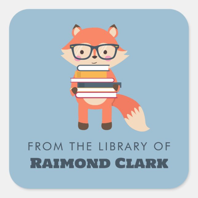 Cute Reading Fox, smart like a fox bookplate Square Sticker (Front)