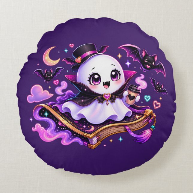 Cute Reading Ghost Halloween Round Pillow (Front)