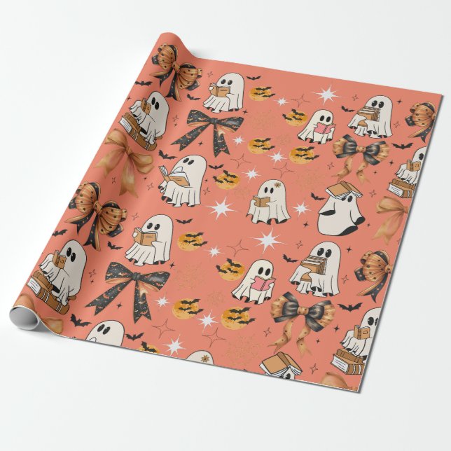 Cute Reading Halloween Ghosts Bows Bats Wrapping Paper (Unrolled)