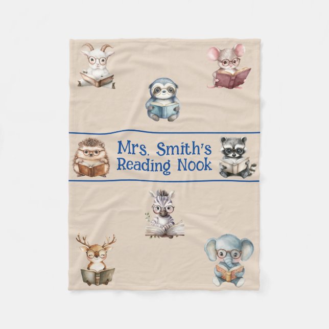 Cute "Reading Nook" watercolor animals custom Fleece Blanket (Front)