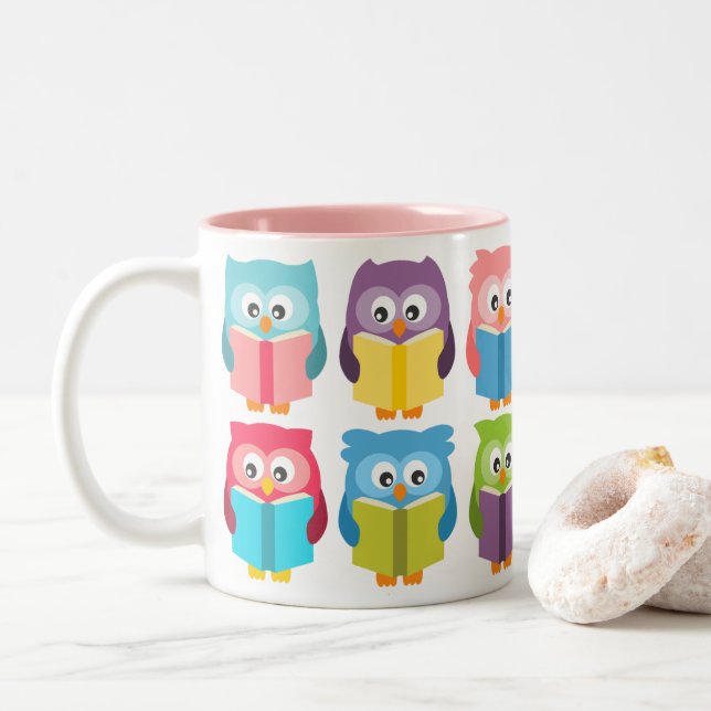 Cute reading owls Two-Tone coffee mug (With Donut)