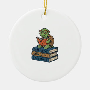 Cute Reading Turtle on Books Vintage Vector_1 Ceramic Ornament