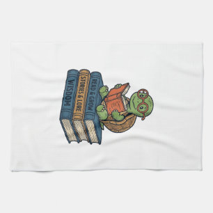 Cute Reading Turtle on Books Vintage Vector_1 Kitchen Towel