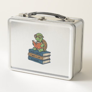 Cute Reading Turtle on Books Vintage Vector_1 Metal Lunch Box