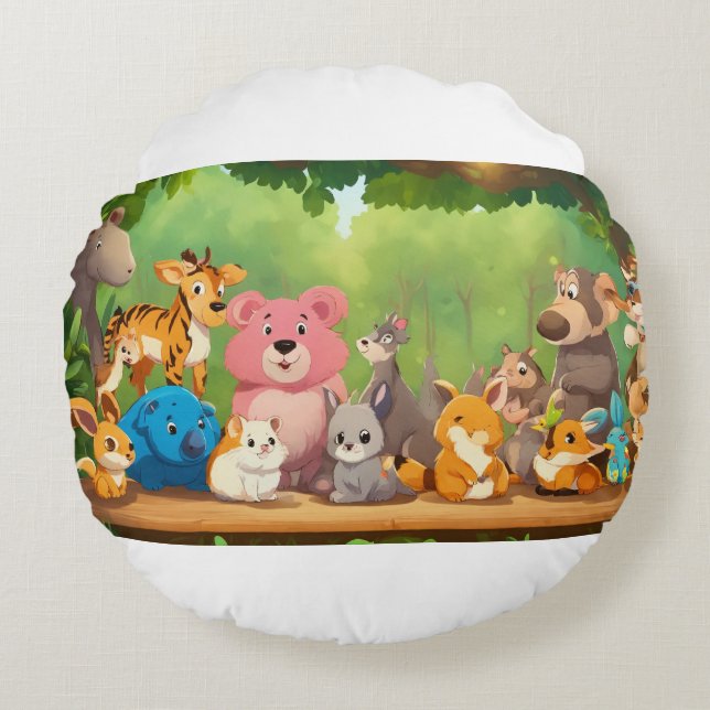 Cute Realistic Cartoon Animals Around Blank Forest Round Pillow (Front)