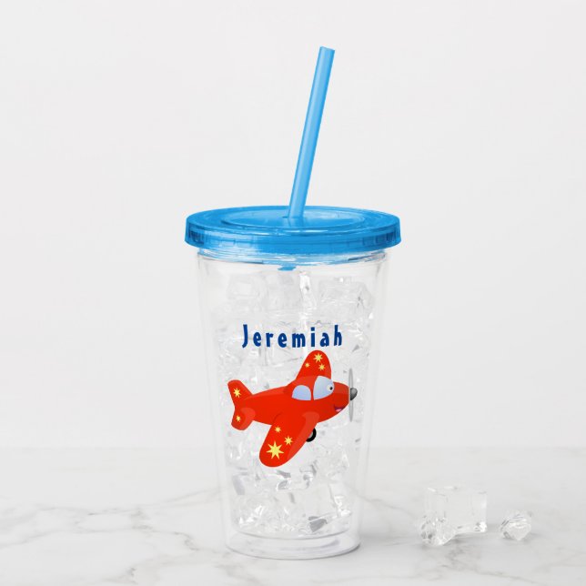 Cute red airplane flying cartoon illustration acrylic tumbler (Back Ice)