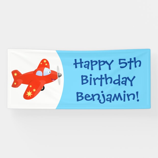 Cute red airplane flying cartoon illustration banner (Horizontal)