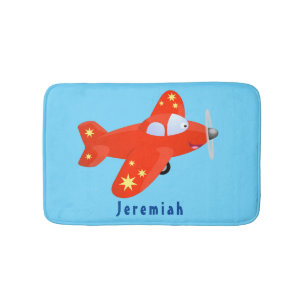 Cute red airplane flying cartoon illustration bath mat