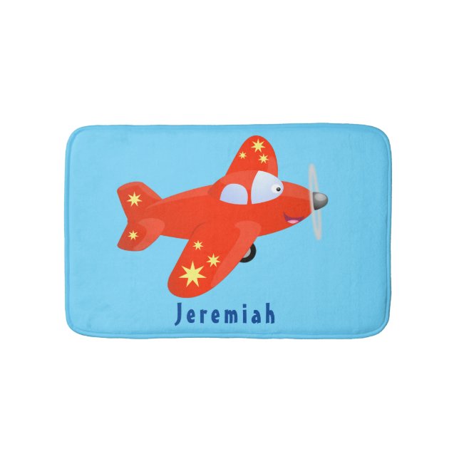 Cute red airplane flying cartoon illustration bath mat (Front)