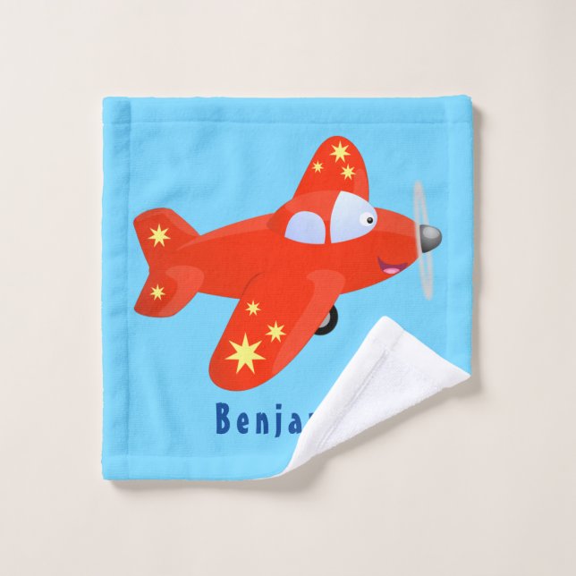 Cute red airplane flying cartoon illustration bath towel set (Wash Cloth)