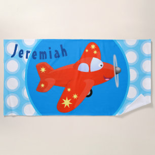 Cute red airplane flying cartoon illustration beach towel