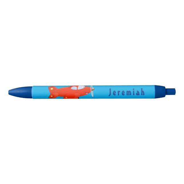Cute red airplane flying cartoon illustration black ink pen (Front)