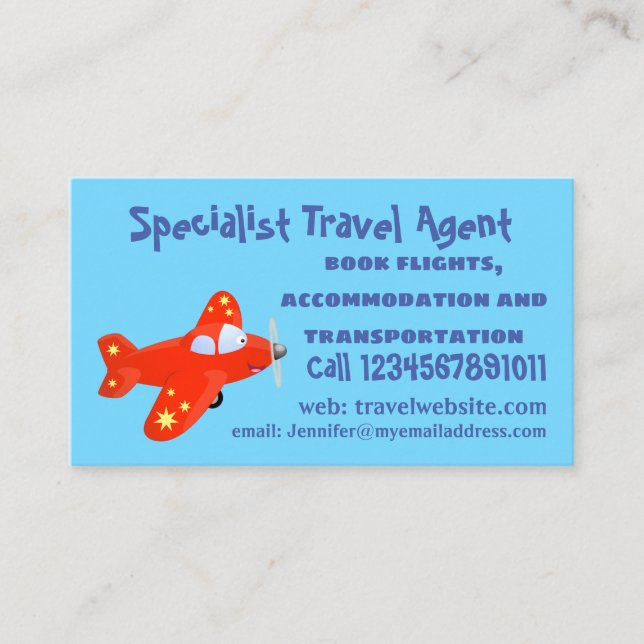 Cute red airplane flying cartoon illustration business card (Front)