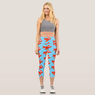 Cute red airplane flying cartoon illustration capri leggings