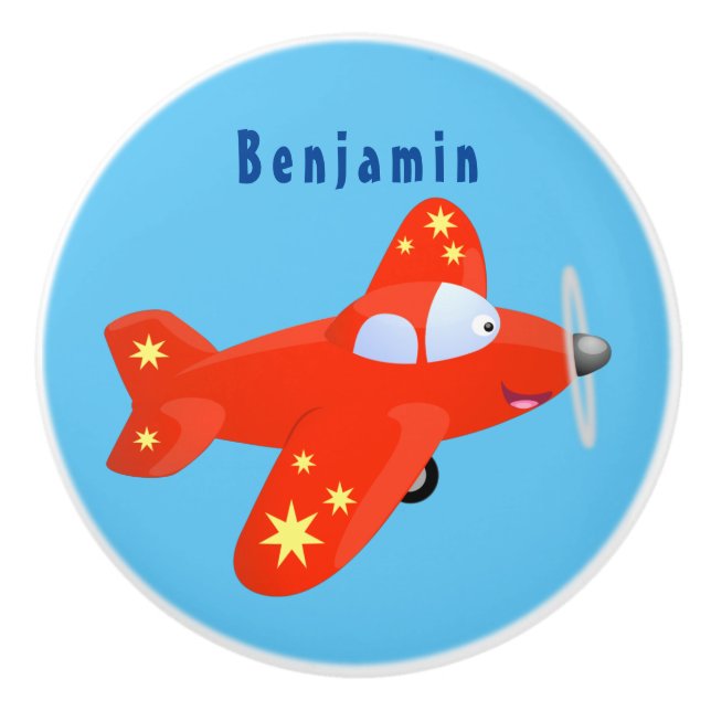 Cute red airplane flying cartoon illustration ceramic knob (Front)