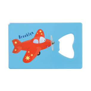 Cute red airplane flying cartoon illustration credit card bottle opener