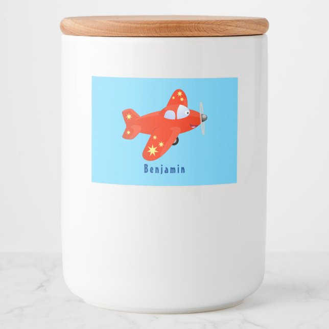 Cute red airplane flying cartoon illustration food label (Front)
