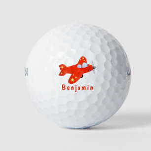 Cute red airplane flying cartoon illustration golf balls