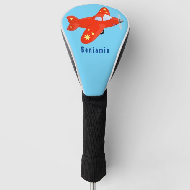 Cute red airplane flying cartoon illustration golf head cover (Front)