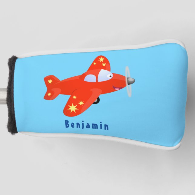 Cute red airplane flying cartoon illustration golf head cover (Front)