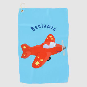 Cute red airplane flying cartoon illustration  golf towel