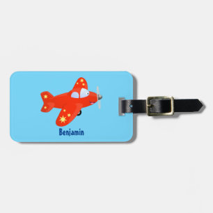 Cute red airplane flying cartoon illustration luggage tag