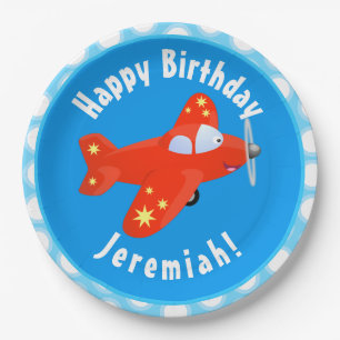 Cute red airplane flying cartoon illustration paper plate