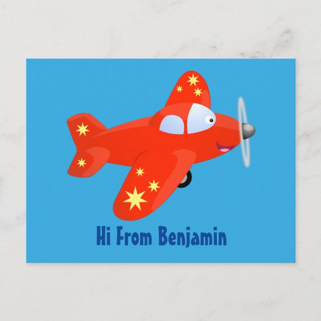 Cute red airplane flying cartoon illustration postcard (Front)