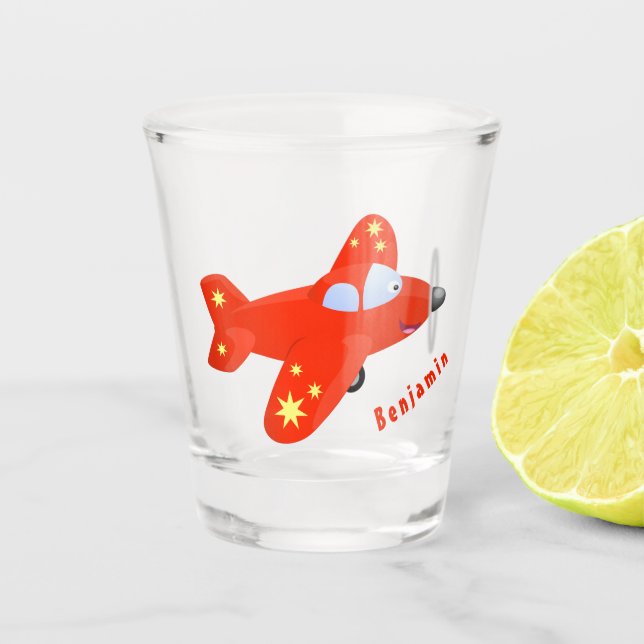 Cute red airplane flying cartoon illustration shot glass (Front)