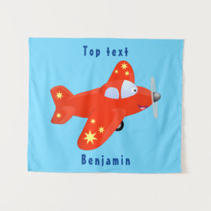 Cute red airplane flying cartoon illustration  tapestry