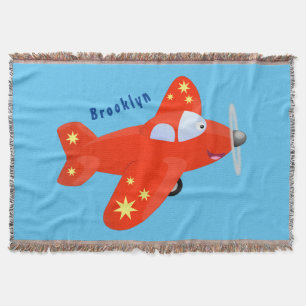 Cute red airplane flying cartoon illustration throw blanket