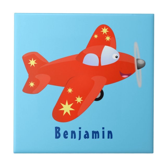 Cute red airplane flying cartoon illustration tile (Front)