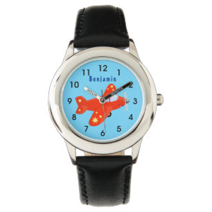 Cute red airplane flying cartoon illustration watch