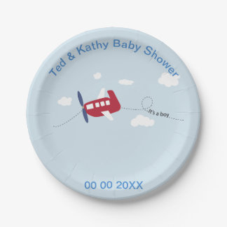 Cute Red Airplane with Blue Propeller Baby Shower Paper Plate