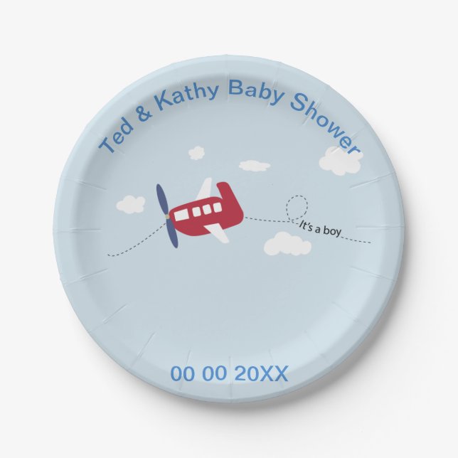 Cute Red Airplane with Blue Propeller Baby Shower Paper Plate (Front)