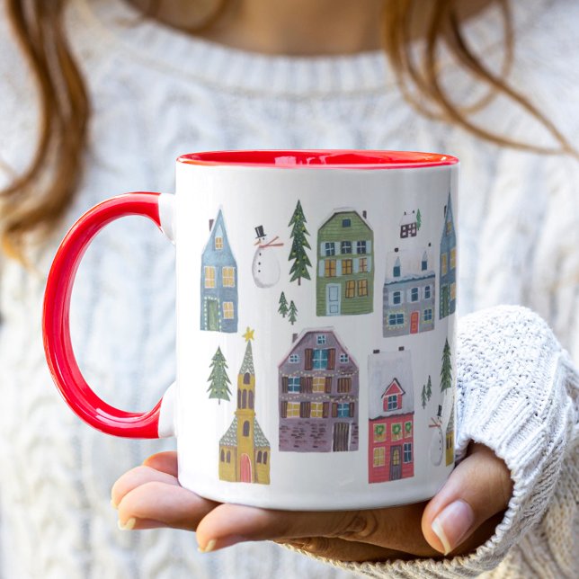 Cute red Alpine ski lodge winter houses Christmas Mug (Creator Uploaded)