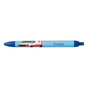 Cute red ambulance van cartoon black ink pen