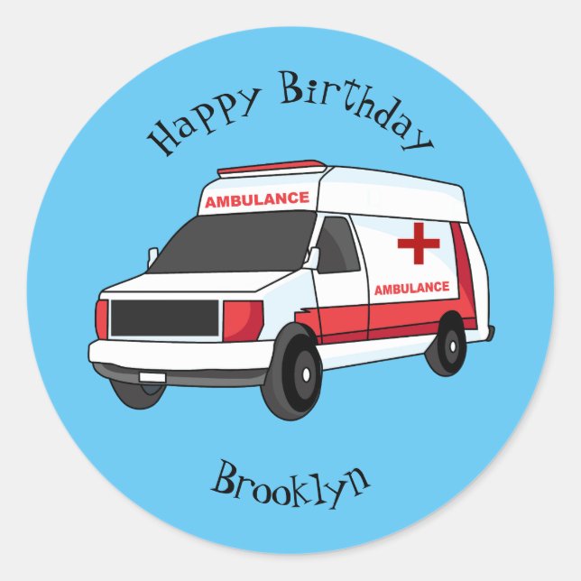 Cute red ambulance van cartoon classic round sticker (Front)