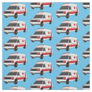 Cute red ambulance van cartoon fabric
