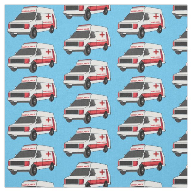 Cute red ambulance van cartoon  fabric (Swatch)