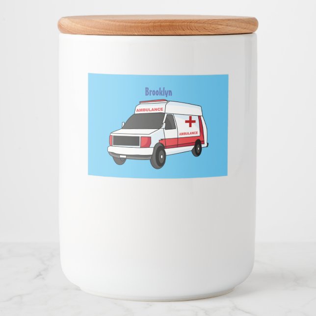 Cute red ambulance van cartoon food label (Front)
