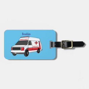 Cute red ambulance van cartoon luggage tag