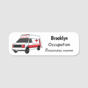 Cute red ambulance van cartoon name tag