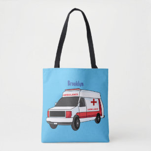 Cute red ambulance van cartoon tote bag