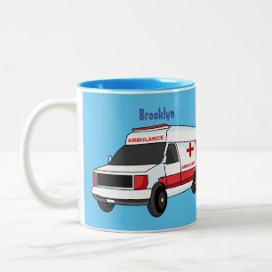 Cute red ambulance van cartoon Two-Tone coffee mug