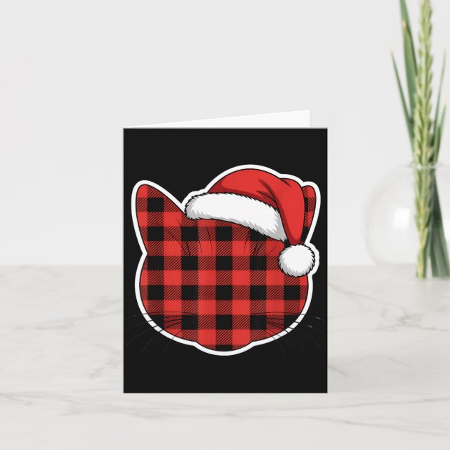 Cute Red And Black Buffalo Plaid Cat Christmas San Card (Front)
