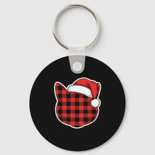 Cute Red And Black Buffalo Plaid Cat Christmas San Keychain